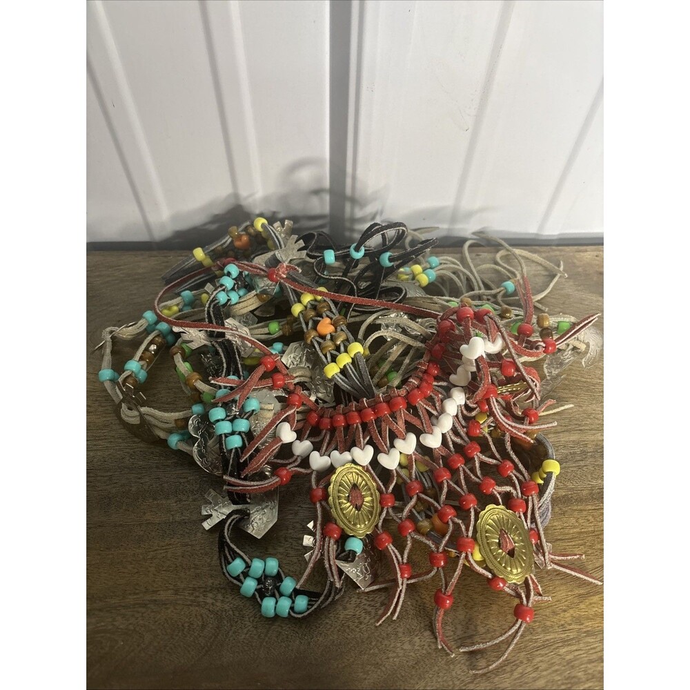 26 Vtg Western Scarf Slides on Leather, Pony Beads- Silver Tone And Gold Tone